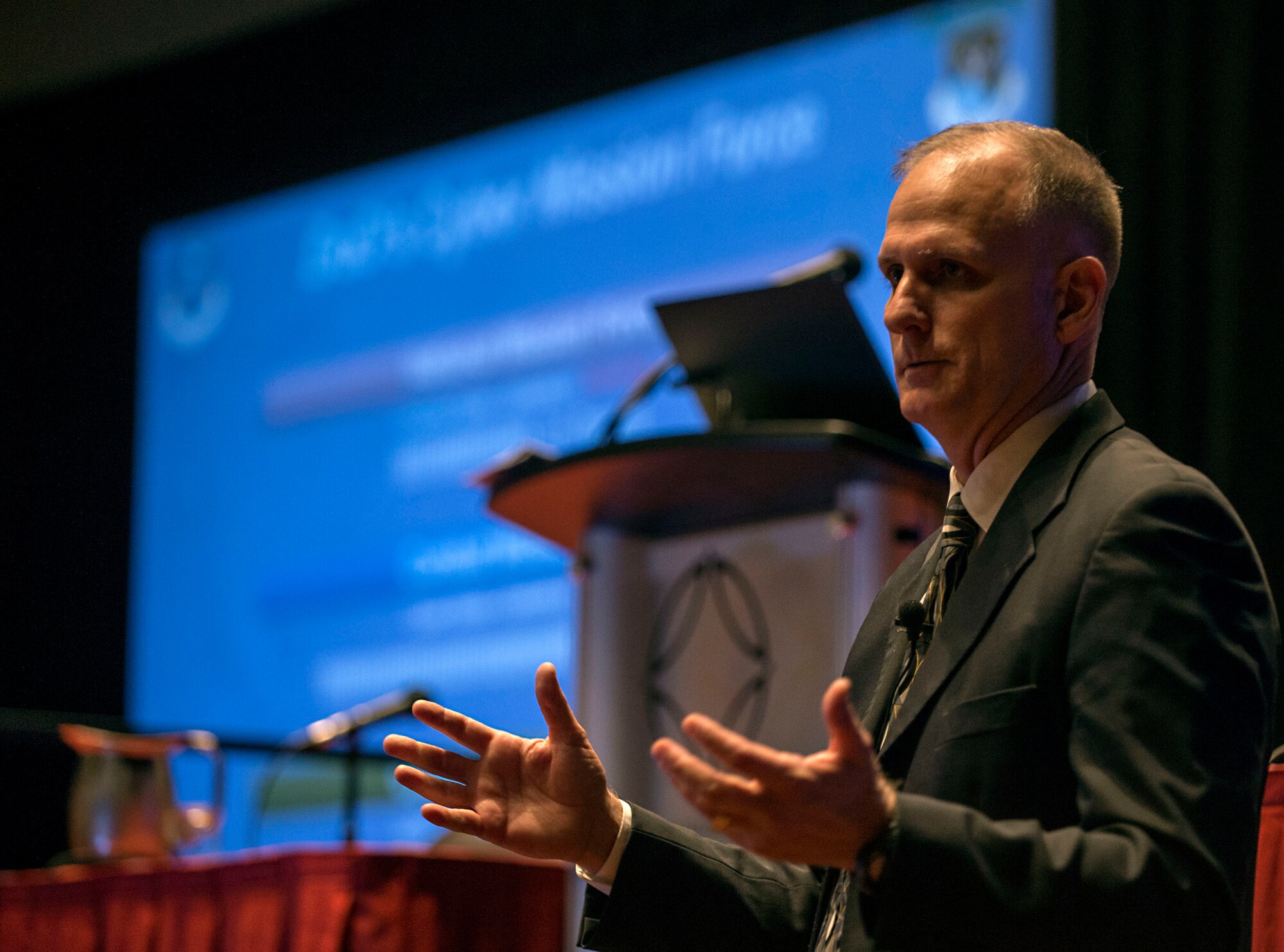 Robert Cole, Air Forces Cyber executive director, speaks to attendees at the CyberTexas Conference in San Antonio, Texas, Aug. 14, 2018. The conference was hosted to develop the next generations of cyber professionals. (U.S. Air Force photo by Tech. Sgt. R.J. Biermann)