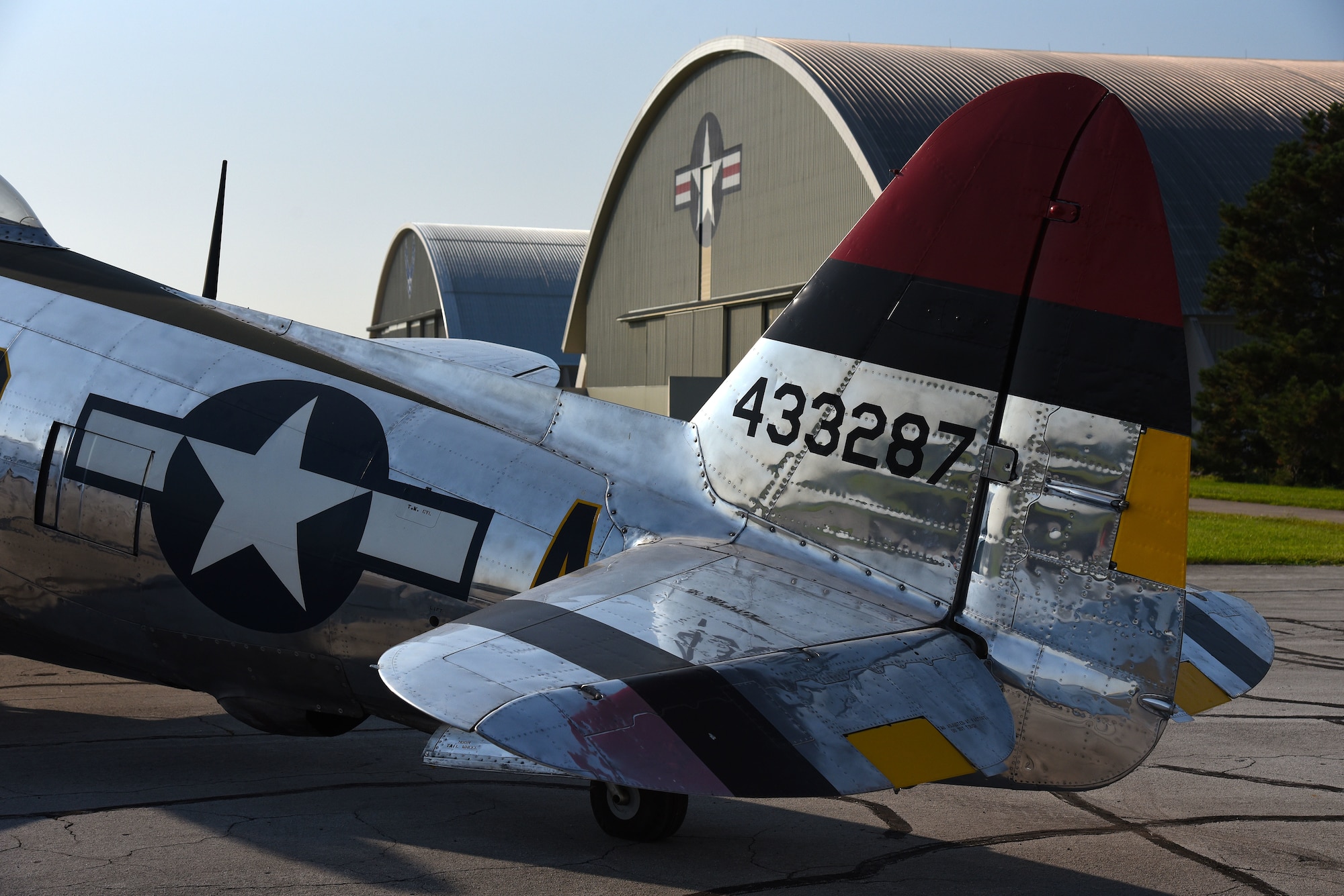 A view of the Republic P-47D (Bubble Canopy Version) before restoration crews at the National Museum of the U.S. Air Force moved the aircraft into the WWII Gallery on Aug. 14, 2018. Several WWII era aircraft on display were temporarily placed throughout the museum to provide adequate space for the Memphis Belle exhibit opening events. (U.S. Air Force photo by Ken LaRock)