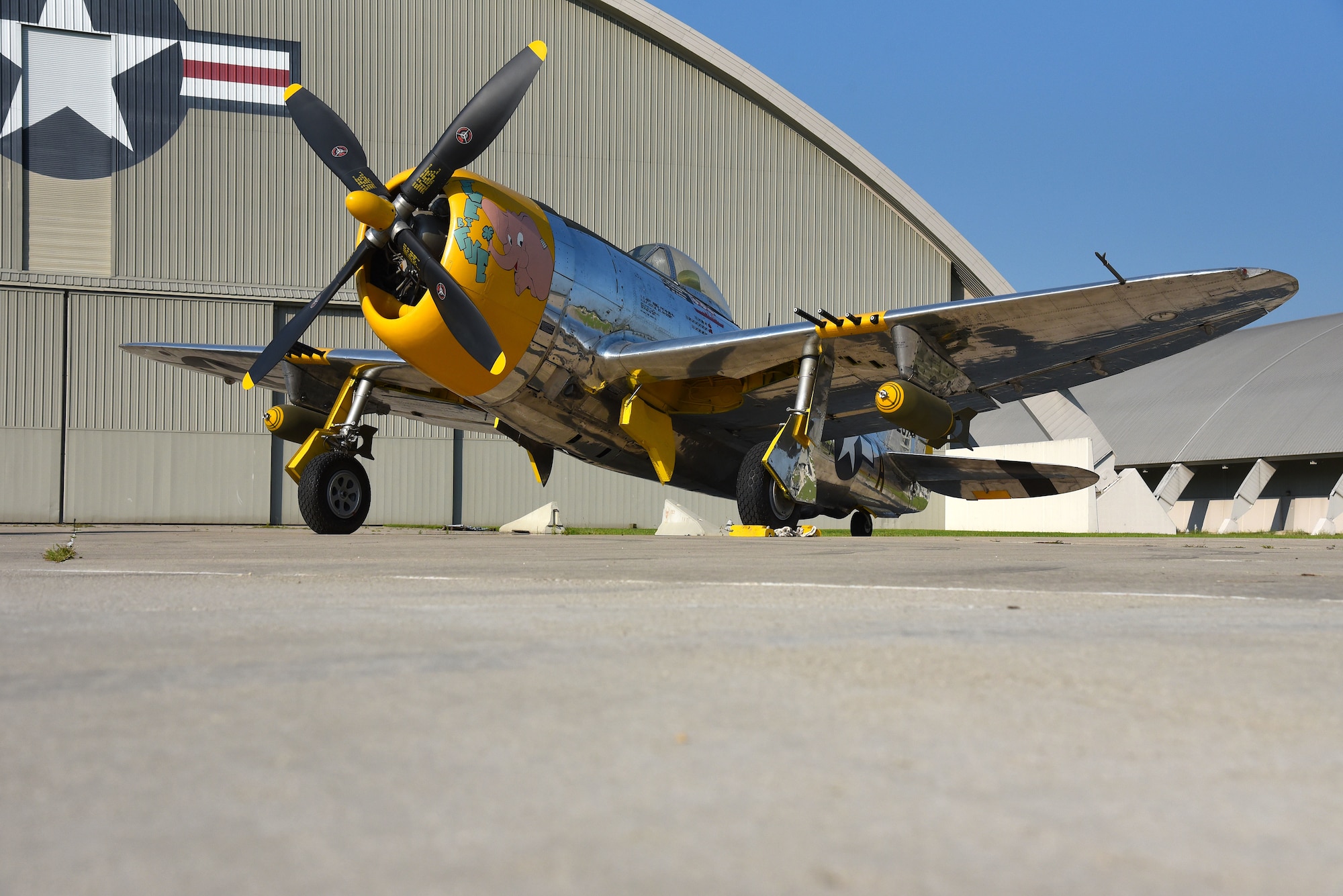 A view of the Republic P-47D (Bubble Canopy Version) before restoration crews at the National Museum of the U.S. Air Force moved the aircraft into the WWII Gallery on Aug. 14, 2018. Several WWII era aircraft on display were temporarily placed throughout the museum to provide adequate space for the Memphis Belle exhibit opening events. (U.S. Air Force photo by Ken LaRock)