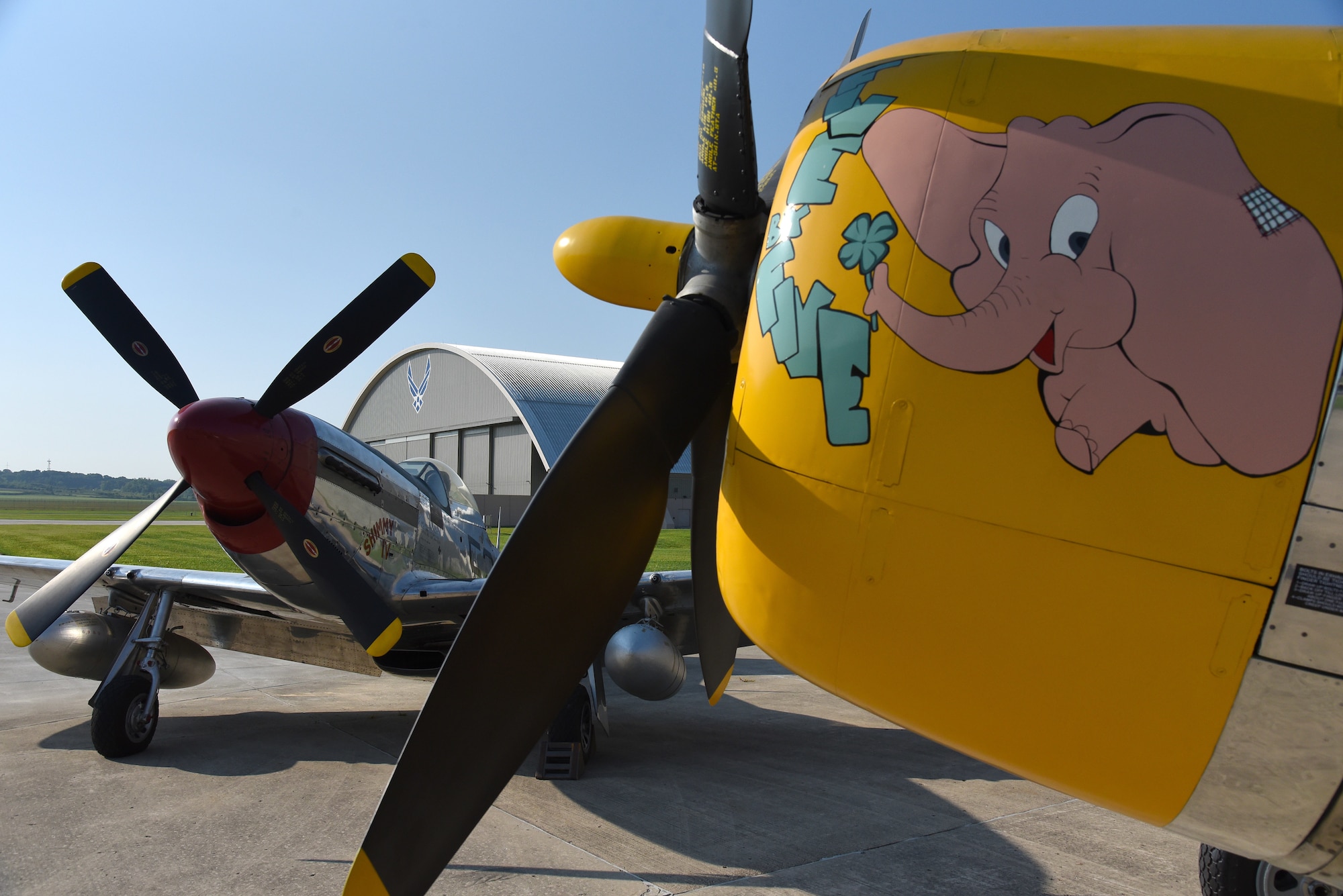 A view of the North American P-51D Mustang and the Republic P-47D (Bubble Canopy Version) before restoration crews at the National Museum of the U.S. Air Force moved the aircraft into the WWII Gallery on Aug. 14, 2018. Several WWII era aircraft on display were temporarily placed throughout the museum to provide adequate space for the Memphis Belle exhibit opening events. (U.S. Air Force photo by Ken LaRock)