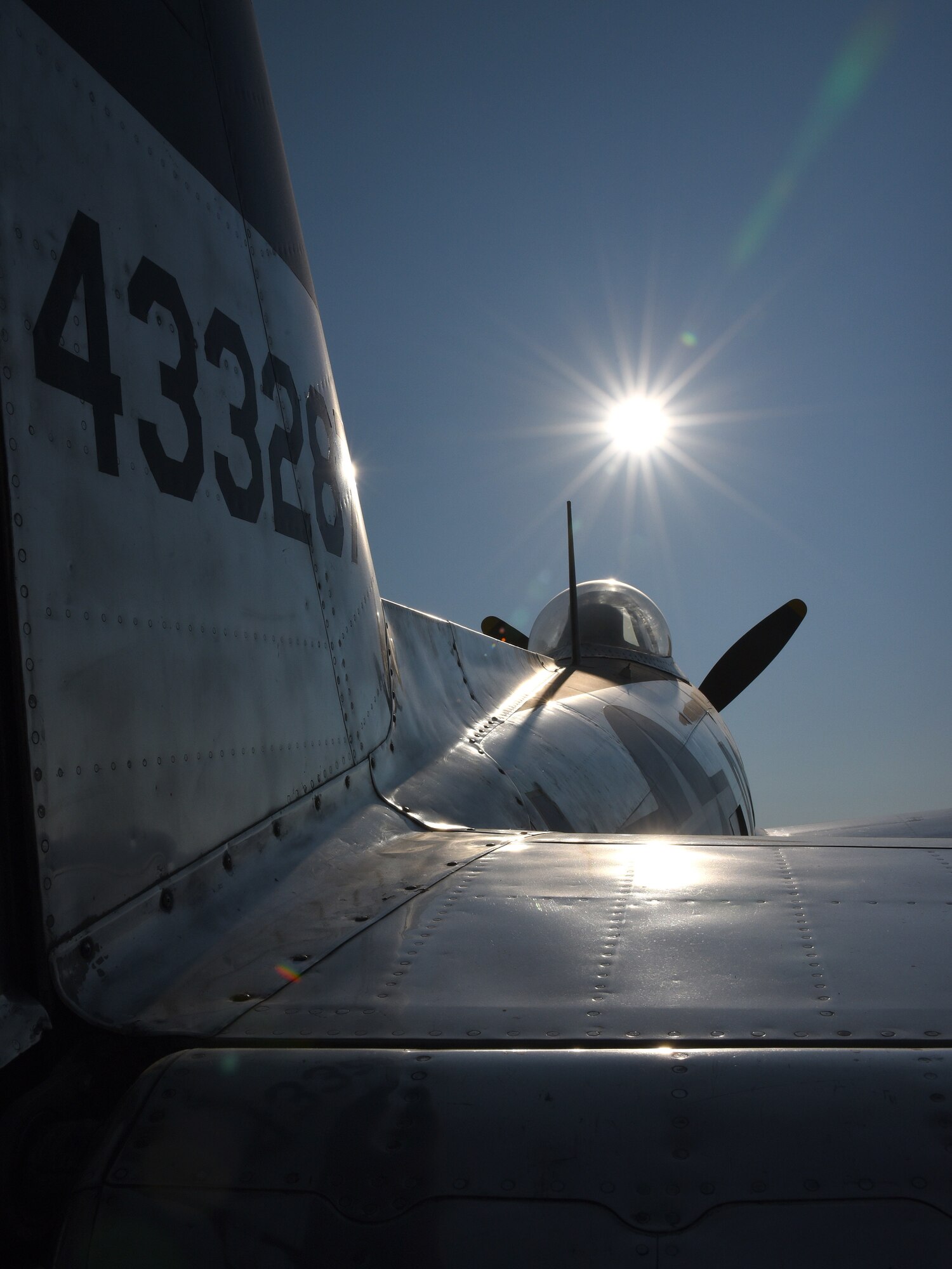 A view of the Republic P-47D (Bubble Canopy Version) before restoration crews at the National Museum of the U.S. Air Force moved the aircraft into the WWII Gallery on Aug. 14, 2018. Several WWII era aircraft on display were temporarily placed throughout the museum to provide adequate space for the Memphis Belle exhibit opening events. (U.S. Air Force photo by Ken LaRock)