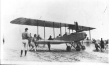 Maj. George E.A. Reinburg (front seat) and Mr. William H. Couch (civilian instructor pilot) prepare to take off on the first flight from Scott Field on Sept. 2, 1917