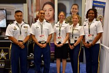 U.S. Army medical recruiters and subject matter experts at the American Psychological Association 2018 Convention at the Moscone Center in San Francisco, California on August 9. From left to right; Sgt. 1st Class Anthony M. Foronda, Lt. Col. Joseph H. Afanador, Capt. Emily Burris, Staff Sgt. Shanna M. Rodriguez, and Maj. Lakishia M. Simmons.