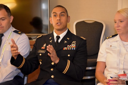 Lt. Col. Joseph H. Afanador, United States Army Recruiting Command, command psychologist shares his experiences as an Army psychologist at a breakout session during the American Psychological Association 2018 Convention at the Moscone Center in San Francisco, California on August 9. Afanador was one of seven military psychologists selected by the APA’s Society for Military Psychology, Division 19, to sit on a panel to answer questions regarding psychology and their military career. For more information on the Army's more than 90 medical specialties go to healthcare.goarmy.com.