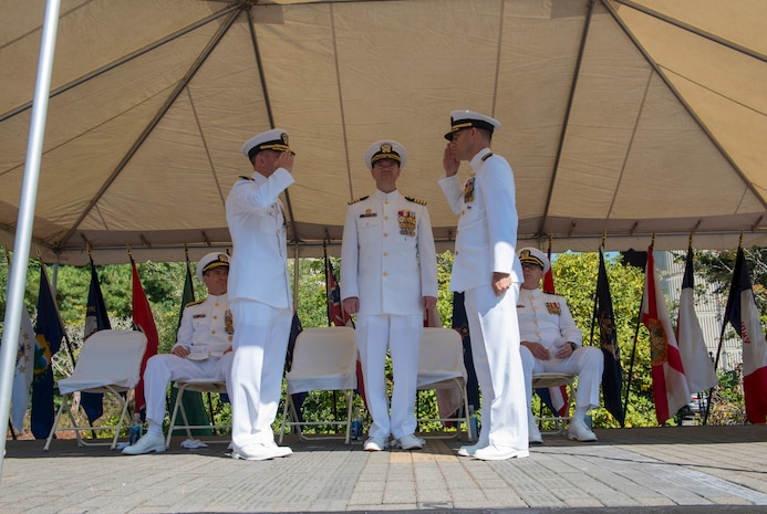 BANGOR, Wash. (Aug. 9, 2018) - Cmdr. Jason Geddes, right, from Indianapolis, Indiana, is relieved by Cmdr. Jim Lembo, from Mesa, Arizona, during a change of command ceremony for the Blue crew of the Ohio-class ballistic missile submarine USS Nebraska (SSBN 739). Under the leadership of Geddes, the crew recently returned from their first strategic deterrent patrol since 2013, following an extended engineered refueling overhaul. (U.S. Navy photo by Mass Communication Specialist 1st Class Amanda R. Gray/released)