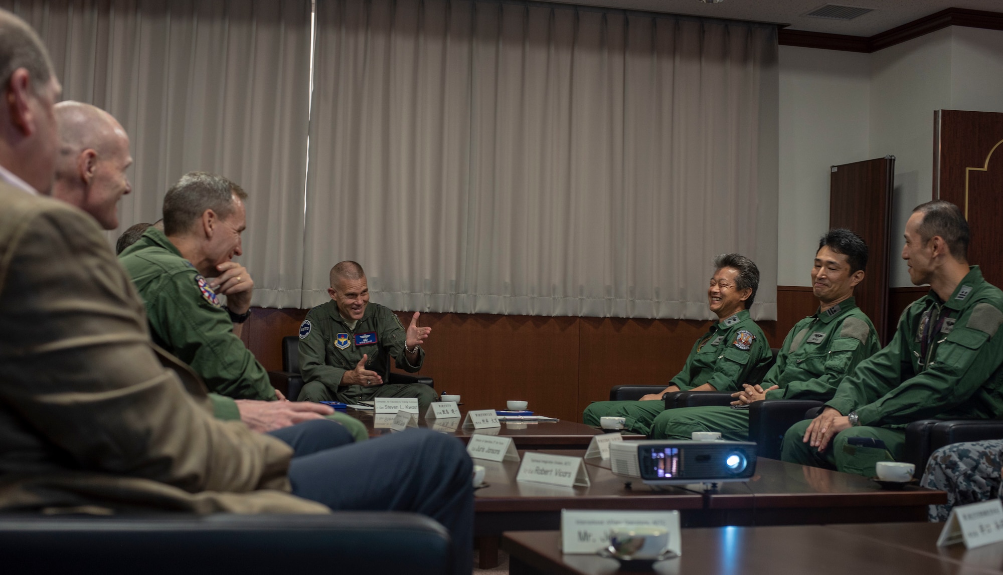 U.S. Air Force Lt. Gen. Steven Kwast, commander of Air Education and Training Command, meets with Japan Air Self-Defense Force leadership at Misawa Air Base, Japan, Aug. 6, 2018. Kwast’s visit increased bilateral coordination for the F-35 Lightning II program as well as reaffirmed AETC’s training and support roles in the region. (U.S. Air Force photo by Airman 1st Class Collette Brooks)