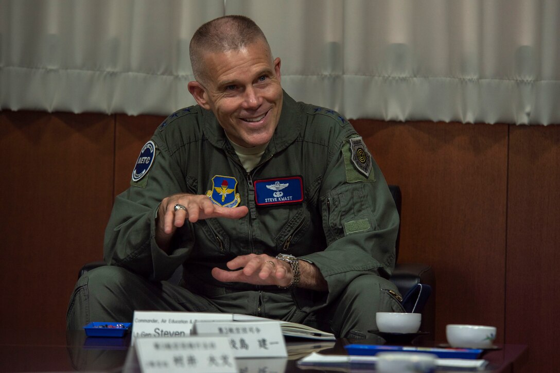 U.S. Air Force Lt. Gen. Steven Kwast, commander of Air Education and Training Command, speaks with Japan Air Self-Defense leadership at Misawa Air Base, Japan, Aug. 6, 2018. Kwast’s visit increased bilateral coordination for the F-35 Lightning II program as well as reaffirmed AETC’s training and support roles in the region. Kwast also visited several units on base to obtain a better understanding of current operations at MAB. (U.S. Air Force photo by Airman 1st Class Collette Brooks)