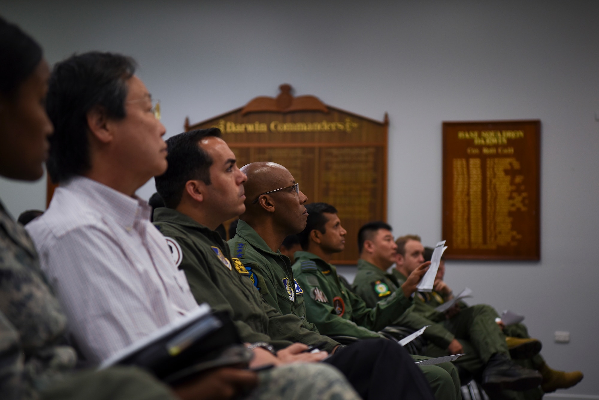 U.S. Air Force Gen. CQ Brown, Jr., Pacific Air Forces commander, observes an Exercise Pitch Black 2018 mission commander’s brief, at Royal Australian Air Force Base Darwin, Australia, Aug. 13, 2018. Brown visited the exercise to see firsthand the U.S. involvement in the region and the witness the integration with the 15 other participating nations from across the world. (U.S. Air Force Photo by Senior Airman Savannah Waters)