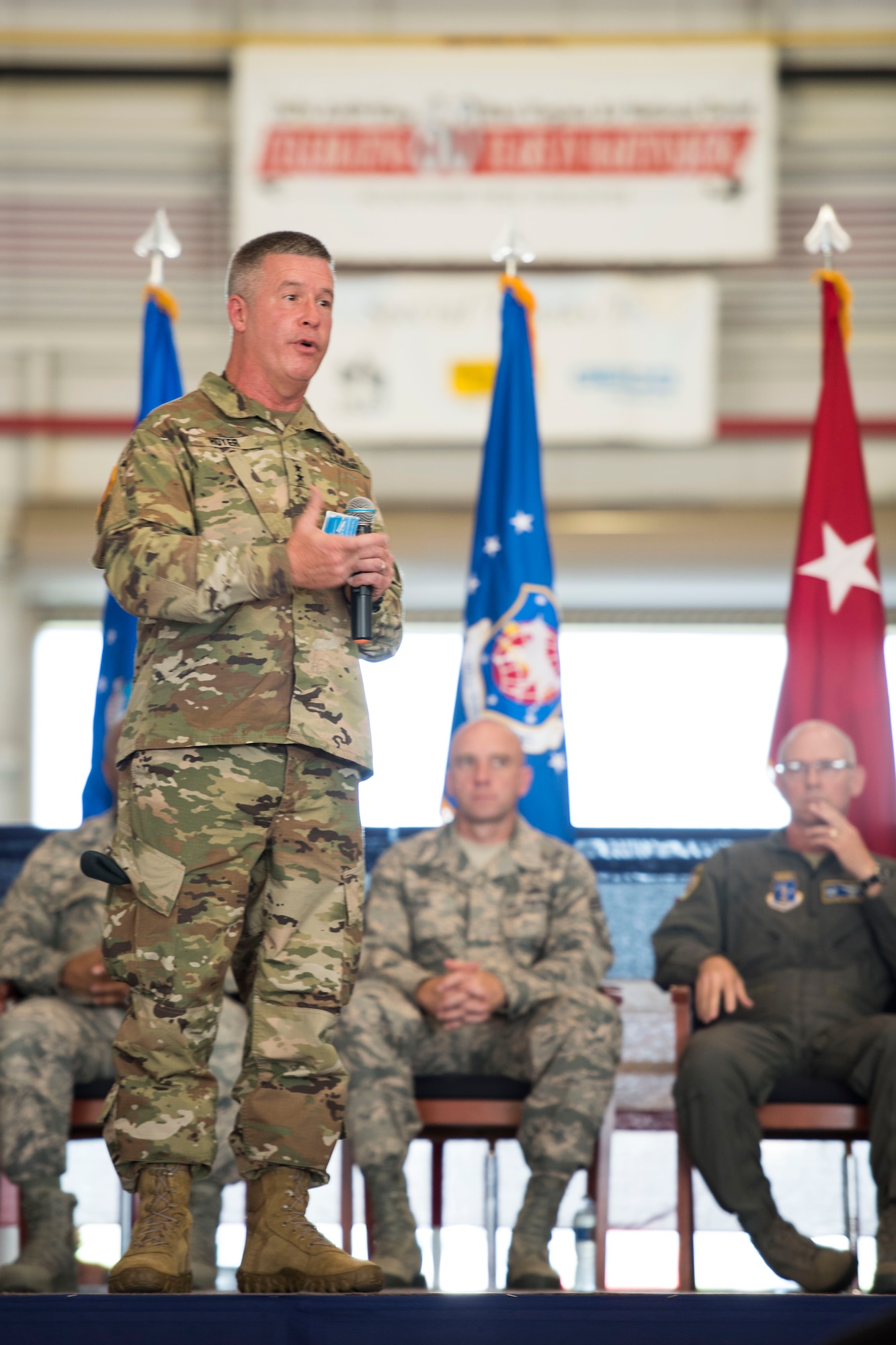 West Virginia National Guard Adjutant General, Maj. Gen. James Hoyer, speaks during a change of command ceremony at the 167th Airlift Wing, Aug. 5. Col. David Cochran assumed command of the wing from Col. Shaun Perkowski. (U.S. Air National Guard photo by Senior Master Sgt. Emily Beightol-Deyerle)
