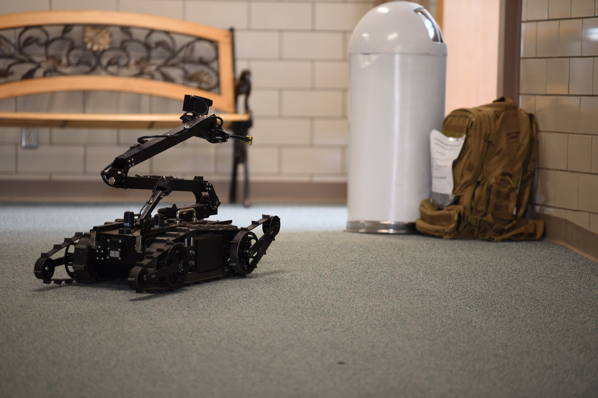 Explosive ordnance disposal unit with local law enforcement practice EOD robot procedures during an active-shooter exercise August 14, 2018, on Grand Forks Air Force Base, North Dakota. The exercise was an opportunity to test first-responder actions in a real-life scenario. (U.S. Air Force photo by Senior Airman Elijaih Tiggs)