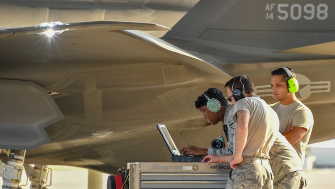 Crew chiefs assigned to 421st Aircraft Maintenance Unit prepare to launch F-35A Lightning II fighter jets at Hill Air Force Base, Utah, July 31, 2018. (U.S. Air Force photo by R. Nial Bradshaw)