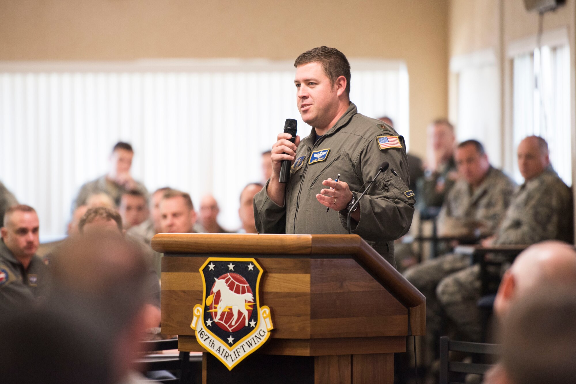 Maj. Randy Wright, chief of safety for the 167th Airlift Wing, discusses the objectives of the safety review day during a commanders call, June 15, 2018, at the Martinsburg, W.Va. air base.(photo by Senior Master Sgt. Emily Beightol-Deyerle)