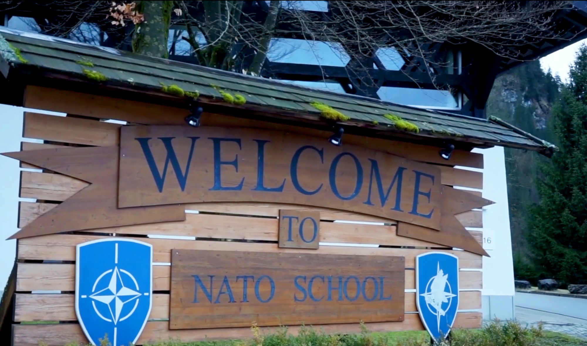 A welcome sign greets Air Force Instructors traveling to Oberammergau, Germany, while they provide space expertise to the NATO School in March, 2018.