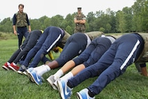 INDIANAPOLIS - Marine Corps Officer Candidates School candidates and Butler University men’s soccer team participate in a leadership and cohesion exercise August 15, 2018, at the Fort Harrison State park in Indianapolis. The training allowed the students from the university to experience physical training the Marine Corps way and allowed the Marines to share their leadership style. The exercise also allowed the teams to build cohesion amongst each another. (U.S. Marine Corps photos by Sgt. Carl King)