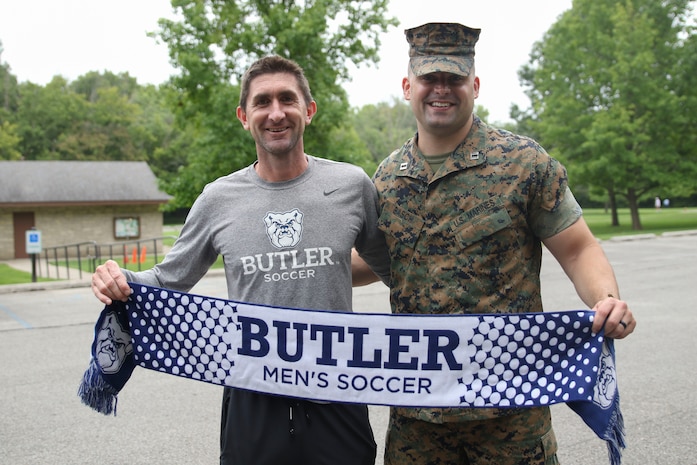 INDIANAPOLIS - Marine Corps Officer Candidates School candidates and Butler University men’s soccer team participate in a leadership and cohesion exercise August 15, 2018, at the Fort Harrison State park in Indianapolis. The training allowed the students from the university to experience physical training the Marine Corps way and allowed the Marines to share their leadership style. The exercise also allowed the teams to build cohesion amongst each another. (U.S. Marine Corps photos by Sgt. Carl King)