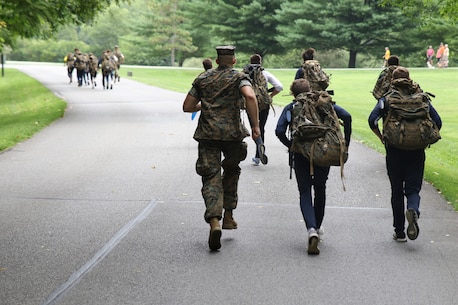 INDIANAPOLIS - Marine Corps Officer Candidates School candidates and Butler University men’s soccer team participate in a leadership and cohesion exercise August 15, 2018, at the Fort Harrison State park in Indianapolis. The training allowed the students from the university to experience physical training the Marine Corps way and allowed the Marines to share their leadership style. The exercise also allowed the teams to build cohesion amongst each another. (U.S. Marine Corps photos by Sgt. Carl King)