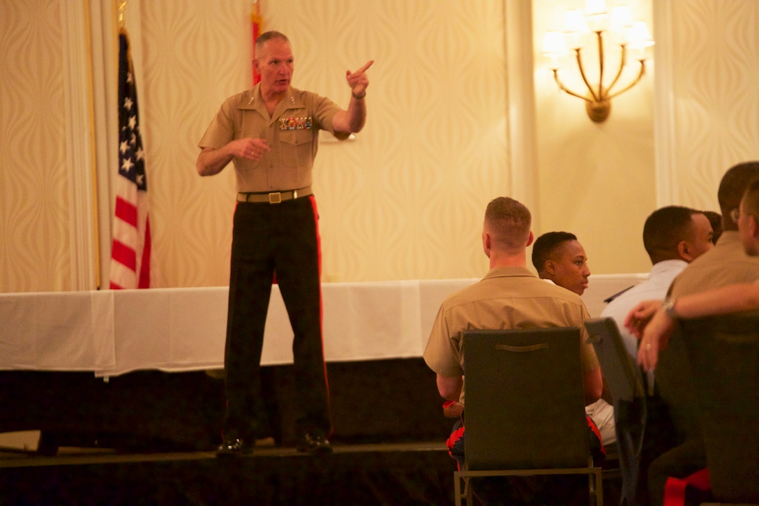 Lt.Gen. Mark A. Brilakis, Commander, U.S. Marine Corps Forces Command, and Brig. Gen. William H. Seely III, Director, Office of U.S. Marine Corps Communication, provide service members the Marine Corps’ diversity vision and commitment to strengthening the sea services by recruiting, developing and retaining talent from all cultures and backgrounds.  Brilakis and Seely facilitated discussions at the National Naval Officers Association Annual Symposium in Portsmouth, Va., on Aug. 9. (Official U.S. Marine Corps photo by Lance Cpl. Garett Burns/Released)