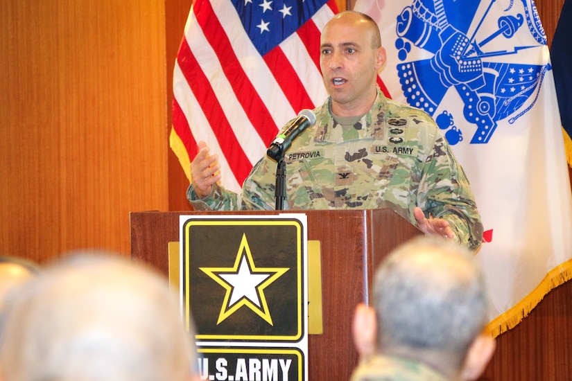 Col. Salvatore Petrovia, the fire support coordinator, U.S. Army Central, provides the welcoming remarks at the Regional Artillery Symposium in Nashville, Tenn., Aug. 6, 2018. The symposium enhanced the interoperability and cooperation of regional partners by creating an open forum for partner nations to discuss field artillery operations, tactical planning and execution methodologies in order to strategically develop the use of artillery assets in the USARCENT area of operations.
