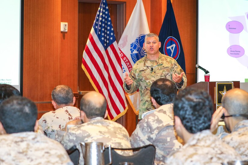 Maj. Marc Sauter, assistant fire support coordinator, U.S. Army Central, discusses artillery targeting cycles and process integration at the Regional Artillery Symposium in Nashville, Tenn., Aug. 6, 2018. The symposium enhanced the interoperability and cooperation of regional partners by creating an open forum for partner nations to discuss field artillery operations, tactical planning and execution methodologies in order to strategically develop the use of artillery assets in the USARCENT area of operations.