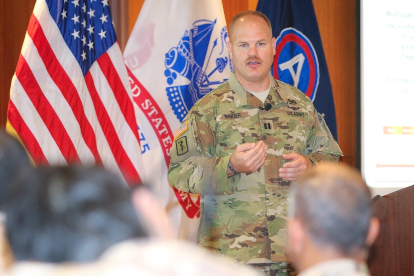 Capt. Josh Winder, space operations officer, 65th Field Artillery Brigade, educates partner nations on U.S. Army space operations, satellite communications, geospatial products and the Global Positioning System and how these efforts support field artillery operations at the Regional Artillery Symposium in Nashville, Tenn., Aug. 6, 2018. The 65th FAB is part of the Utah Army National Guard and serves as the force field artillery headquarters for Task Force Spartan, who operates in the U.S. Army Central area of operations, designed to enhance partnership and cooperation with regional militaries, build partner capacity and maintain readiness for assigned units.