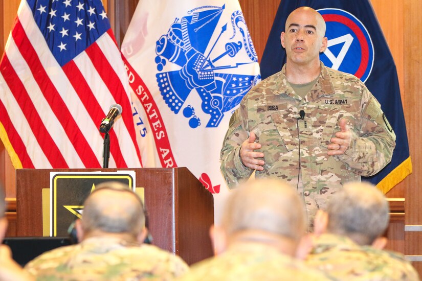 Chief Warrant Officer 4 Jeffrey Issa, targeting officer, 65th Field Artillery Brigade, explains the fundamentals of counter-fire, force protection considerations, field artillery zones, electronic warfare threats and airspace coordination at the Regional Artillery Symposium in Nashville, Tenn., Aug. 6, 2018. The 65th FAB is part of the Utah Army National Guard and serves as the force field artillery headquarters for Task Force Spartan, who operates in the U.S. Army Central area of operations, working to enhance partnership and cooperation with regional militaries, build partner capacity and maintain readiness for assigned units.