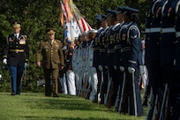 Chairman of the Joint Chiefs of Staff Gen. Joseph F. Dunford, Jr., hosts his Lithuanian counterpart Lt. Gen. Jonas Vytautas Žukas for an honors ceremony on Whipple Field at Fort Myer, in Washington D.C., Aug. 15, 2018. During the ceremony Dunfored presented Žukas with a Legion of Merit award for service to his country. (DOD Photo by Navy Petty Officer 1st Class Dominique A. Pineiro)