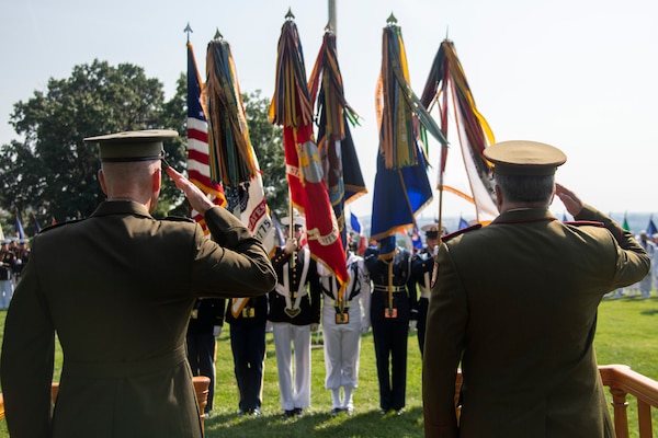 Chairman of the Joint Chiefs of Staff Gen. Joseph F. Dunford, Jr., hosts his Lithuanian counterpart Lt. Gen. Jonas Vytautas Žukas for an honors ceremony on Whipple Field at Fort Myer, in Washington D.C., Aug. 15, 2018. During the ceremony Dunfored presented Žukas with a Legion of Merit award for service to his country. (DOD Photo by Navy Petty Officer 1st Class Dominique A. Pineiro)