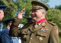 Chairman of the Joint Chiefs of Staff Gen. Joseph F. Dunford, Jr., hosts his Lithuanian counterpart Lt. Gen. Jonas Vytautas Žukas for an honors ceremony on Whipple Field at Fort Myer, in Washington D.C., Aug. 15, 2018. During the ceremony Dunfored presented Žukas with a Legion of Merit award for service to his country. (DOD Photo by Navy Petty Officer 1st Class Dominique A. Pineiro)