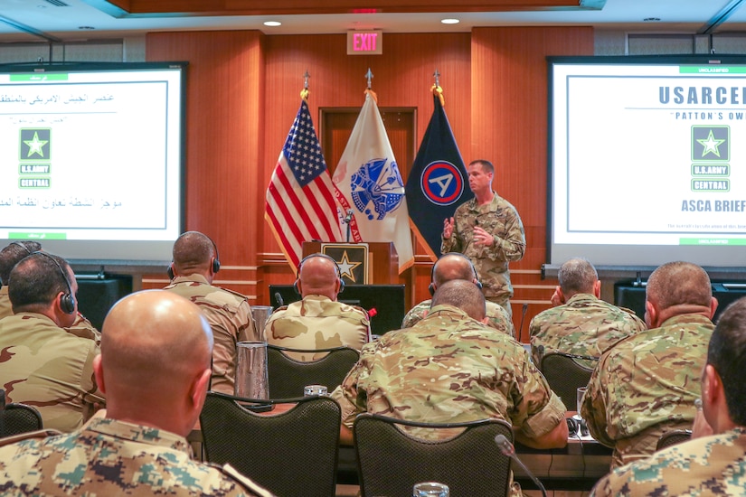 Maj. Scott Steele, the executive officer for the 2503rd Digital Liaison Detachment, U.S. Army Central, discussed artillery systems cooperation activities at the Regional Artillery Symposium in Nashville, Tenn., Aug. 6, 2018. The DLD serves as a mission command enabler, tailored to provide specialized and technological liaison services through communication capabilities, logistical reinforcements and administrative support for joint and coalition forces in the Middle East and central Asia region.