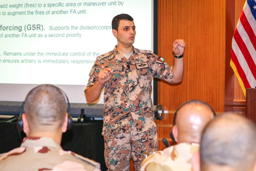 Maj. Mohammad Alsinglawi, a staff artillery officer for the Jordanian Armed Forces Field Artillery Corps Command, provides a Jordanian artillery capabilities brief at the Regional Artillery Symposium in Nashville, Tenn., Aug. 6, 2018. The symposium enhanced the interoperability and cooperation of regional partners by creating an open forum for partner nations to discuss field artillery operations, tactical planning and execution methodologies in order to strategically develop the use of artillery assets in the U.S. Army Central area of operations.