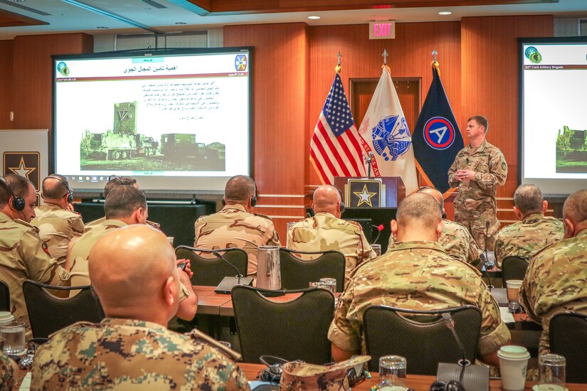 Maj. Brett Anderson, future operations planner, 65th Field Artillery Brigade, shares the importance of airspace clearance and tactical airspace coordination at the Regional Artillery Symposium in Nashville, Tenn., Aug. 7, 2018. The 65th FAB is part of the Utah Army National Guard and serves as the force field artillery headquarters for Task Force Spartan, who operates in the U.S. Army Central area of operations, designed to enhance partnership and cooperation with regional militaries, build partner capacity and maintain readiness for assigned units.