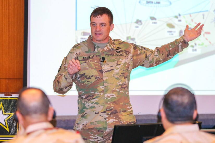 Maj. Raub Nash, deputy commander, 4th Battlefield Coordination Detachment, informs the audience on the role of the 4th BCD and U.S. Army Central as it relates to airspace control and artillery operations at the Regional Artillery Symposium in Nashville, Tenn., Aug. 7, 2018. The 4th BCD is a subordinate unit to USARCENT who operates as a liaison element between the U.S. Army and the U.S. Air Force at Shaw Air Force Base and throughout the CENTCOM AOR.