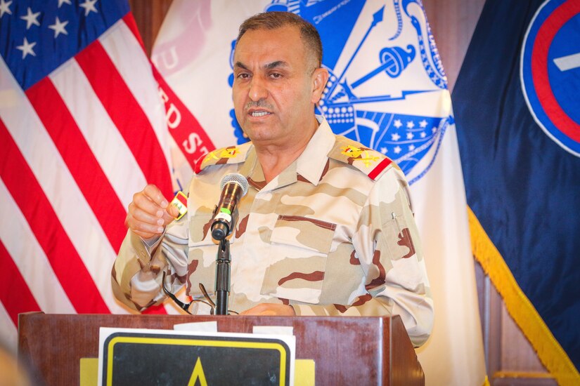 Iraqi security force Staff Maj. Gen. Hatem Kareem Saloom, artillery director for the Iraqi Ministry of Defense, provides an Iraqi artillery capabilities brief at the Regional Artillery Symposium in Nashville, Tenn., Aug. 7, 2018. The symposium enhanced the interoperability and cooperation of regional partners by creating an open forum for partner nations to discuss field artillery operations, tactical planning and execution methodologies in order to strategically develop the use of artillery assets in the U.S. Army Central area of operations.