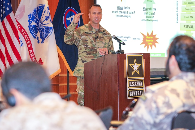 Maj. Jeremy Williams, theater security cooperation coordinator, 65th Field Artillery Brigade, discusses the U.S. Army training model, the importance of staff and communication exercises and the field artillery gated training strategy at the Regional Artillery Symposium in Nashville, Tenn., Aug. 8, 2018. The 65th FAB is part of the Utah Army National Guard and serves as the force field artillery headquarters for Task Force Spartan, who operates in the U.S. Army Central area of operations. The symposium enhanced the interoperability and cooperation of regional partners by creating an open forum for partner nations to discuss field artillery operations, tactical planning and execution methodologies in order to strategically develop the use of artillery assets in the USARCENT area of operations.