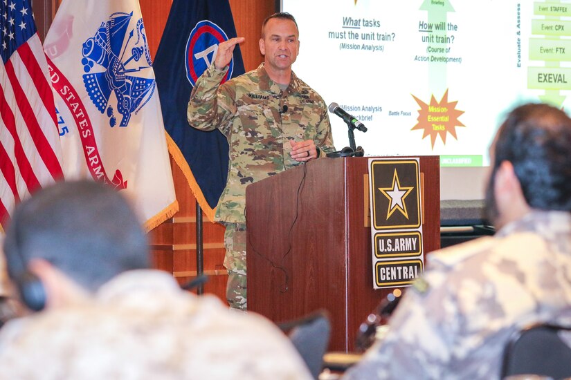 Maj. Jeremy Williams, theater security cooperation coordinator, 65th Field Artillery Brigade, discusses the U.S. Army training model, the importance of staff and communication exercises and the field artillery gated training strategy at the Regional Artillery Symposium in Nashville, Tenn., Aug. 8, 2018. The 65th FAB is part of the Utah Army National Guard and serves as the force field artillery headquarters for Task Force Spartan, who operates in the U.S. Army Central area of operations. The symposium enhanced the interoperability and cooperation of regional partners by creating an open forum for partner nations to discuss field artillery operations, tactical planning and execution methodologies in order to strategically develop the use of artillery assets in the USARCENT area of operations.