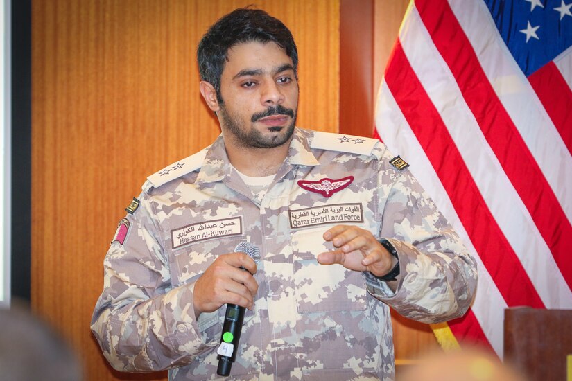 1st Lt. Hassan Al-Kuwari, artillery officer, Qatar Emiri Land Forces, provides an artillery capabilities brief at the Regional Artillery Symposium in Nashville, Tenn., Aug. 8, 2018. The symposium enhanced the interoperability and cooperation of regional partners by creating an open forum for partner nations to discuss field artillery operations, tactical planning and execution methodologies in order to strategically develop the use of artillery assets in the U.S. Army Central area of operations.