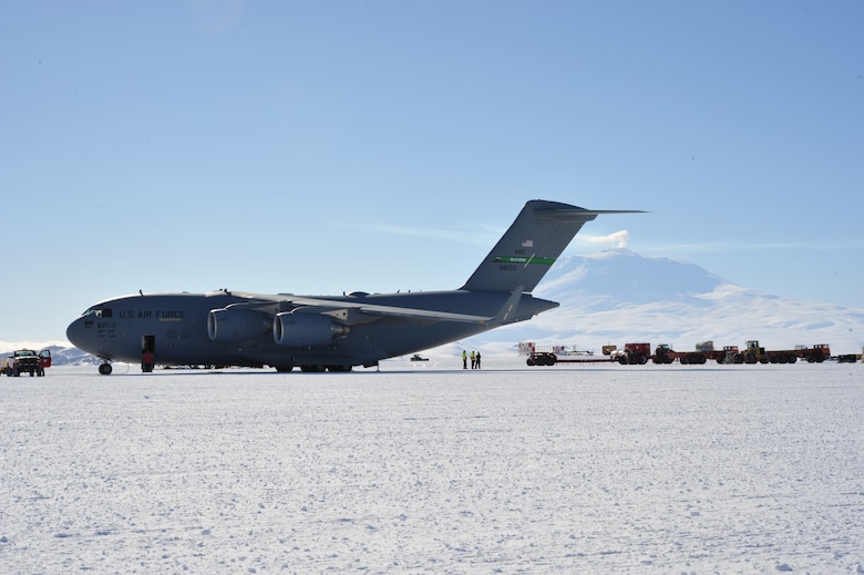 Cargo is loaded onto a C-17 Globemaster III on Feb. 9, 2018, near McMurdo Station in Antarctica. Members of the 304th Expeditionary Airlift Squadron operated aircraft while supporting the U.S. Antarctic Program through Operation Deep Freeze. (Courtesy Photo)