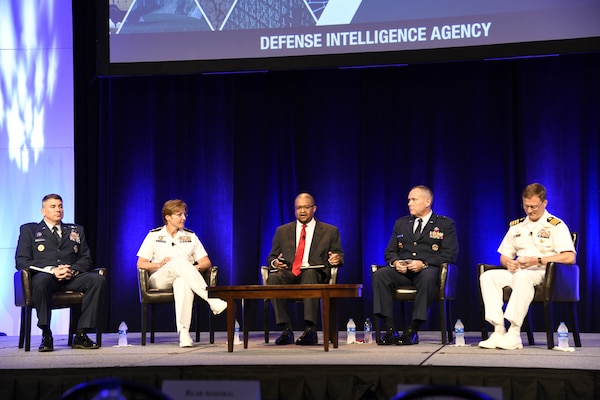 Directors of intelligence discuss challenges, collaborations and using open-source information during the 2018 DoDIIS Worldwide Conference, Aug. 15, 2018, in Omaha, Nebraska.
