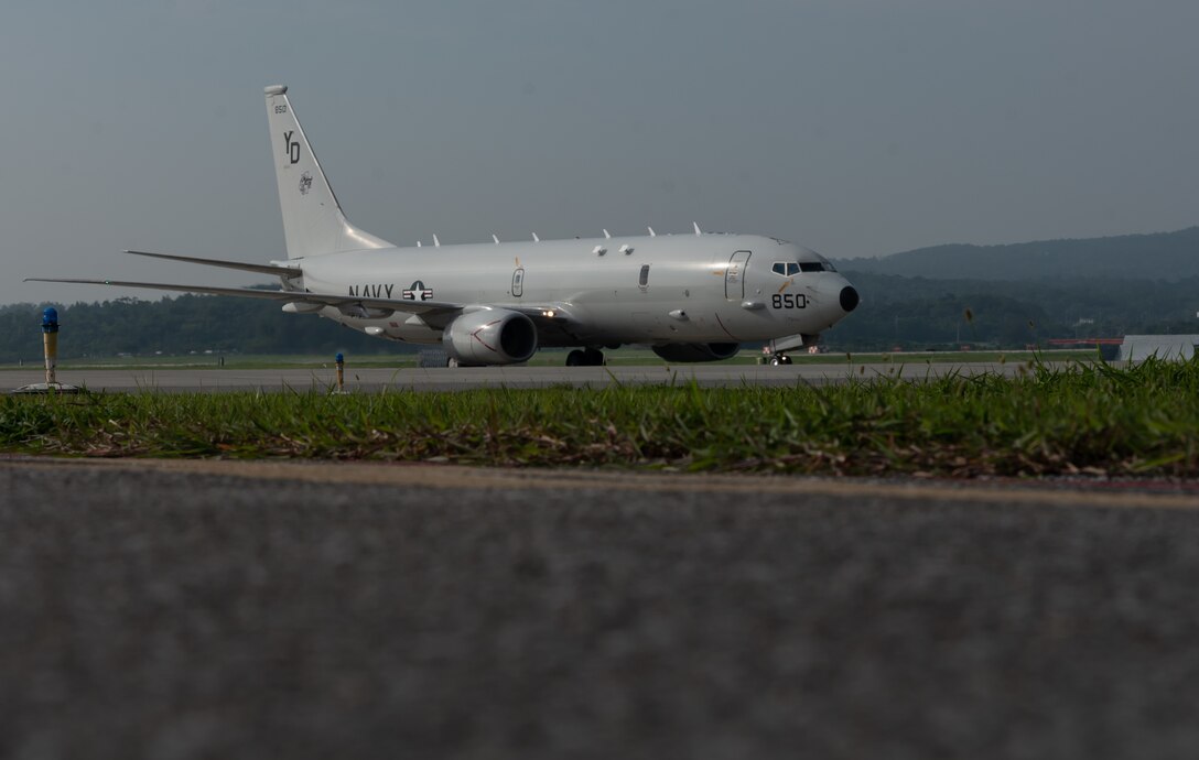 A U.S. Navy P-8A Poseidon taxis into position Aug. 10, 2018, at Kadena Air Base, Japan. The Poseidon is a maritime patrol and reconnaissance aircraft designed to improve an operator’s ability to conduct anti-submarine warfare, anti surface warfare, and intelligence, surveillance, and reconnaissance missions. (U.S. Air Force photo by Staff Sgt. Micaiah Anthony)