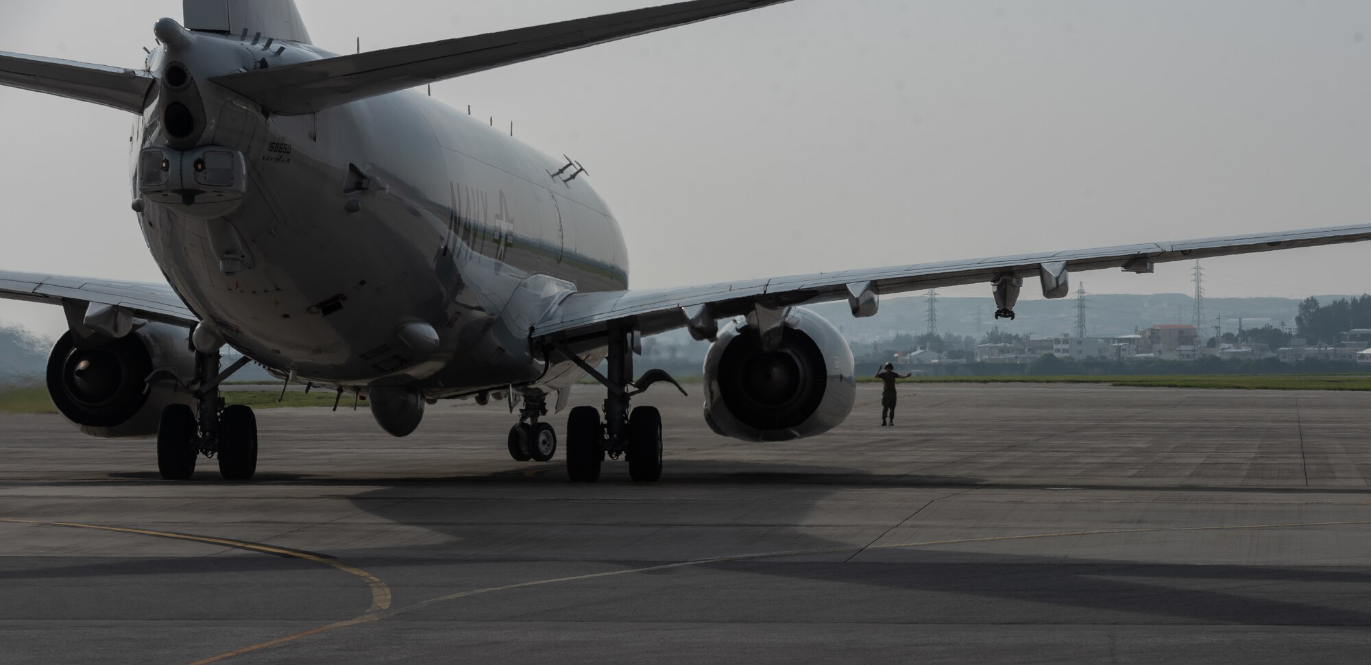 A U.S. Navy P-8A Poseidon taxis into position Aug. 10, 2018, at Kadena Air Base, Japan. News agencies were invited to fly on the P-8A to learn about the Poseidon’s abilities and the role it plays in the Pacific region. (U.S. Air Force photo by Staff Sgt. Micaiah Anthony)