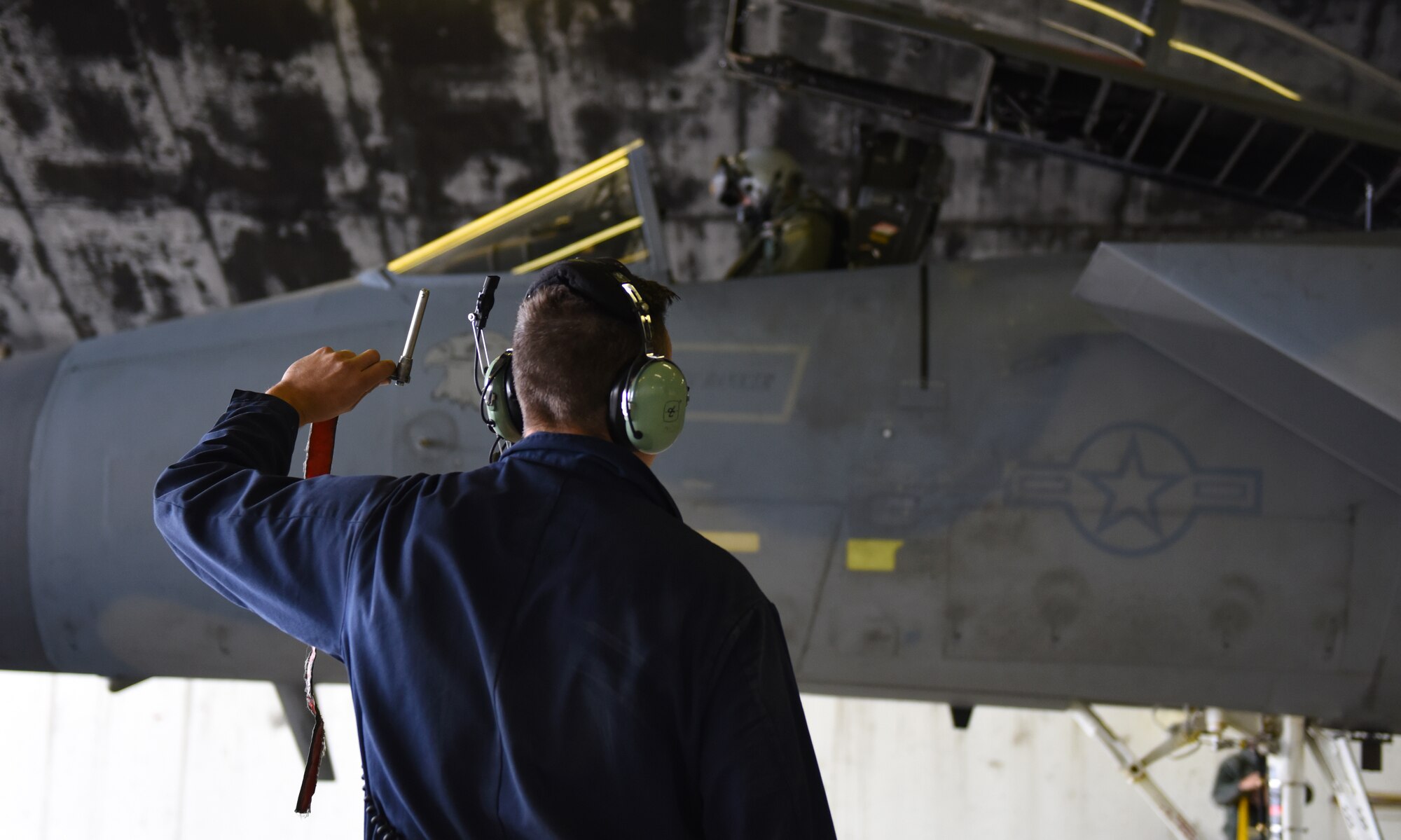 An Airman assigned to the 748th Aircraft Maintenance Squadron prepares an F-15C Eagle for departure at Keflavik Air Base, Iceland, Aug. 2, 2018, in support of NATO’s Icelandic Air Surveillance mission. Deployed from Royal Air Force Lakenheath, England, more than 150 maintainers from the 748th AMXS are facilitating the peacetime preparedness needs and bolstering the security and defense of Iceland. (U.S. Air Force photo/Staff Sgt. Alex Fox Echols III) (U.S. Air Force photo/Staff Sgt. Alex Fox Echols III)