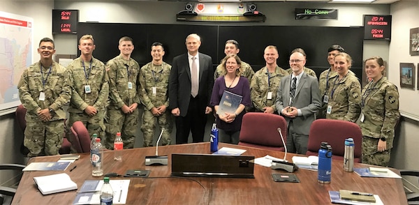 IWR’s Joe Manous, Erin Rooks, and Tyson Vaughan (l-r) with West Point Cadets at USACE HQ.