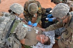 Combat medic soldiers with the 230th Brigade Support Battalion and Moldovan Combat Medics work together conducting life-like combat casualty care training with Soldiers injured in the battlefield.  Soldiers train on medical technique and medical intervention at a training area near Ft. Bliss, Texas, during the 30th Armored Brigade's eXportable Combat Training Capability (XCTC) exercise, August 6 – 21, 2018.