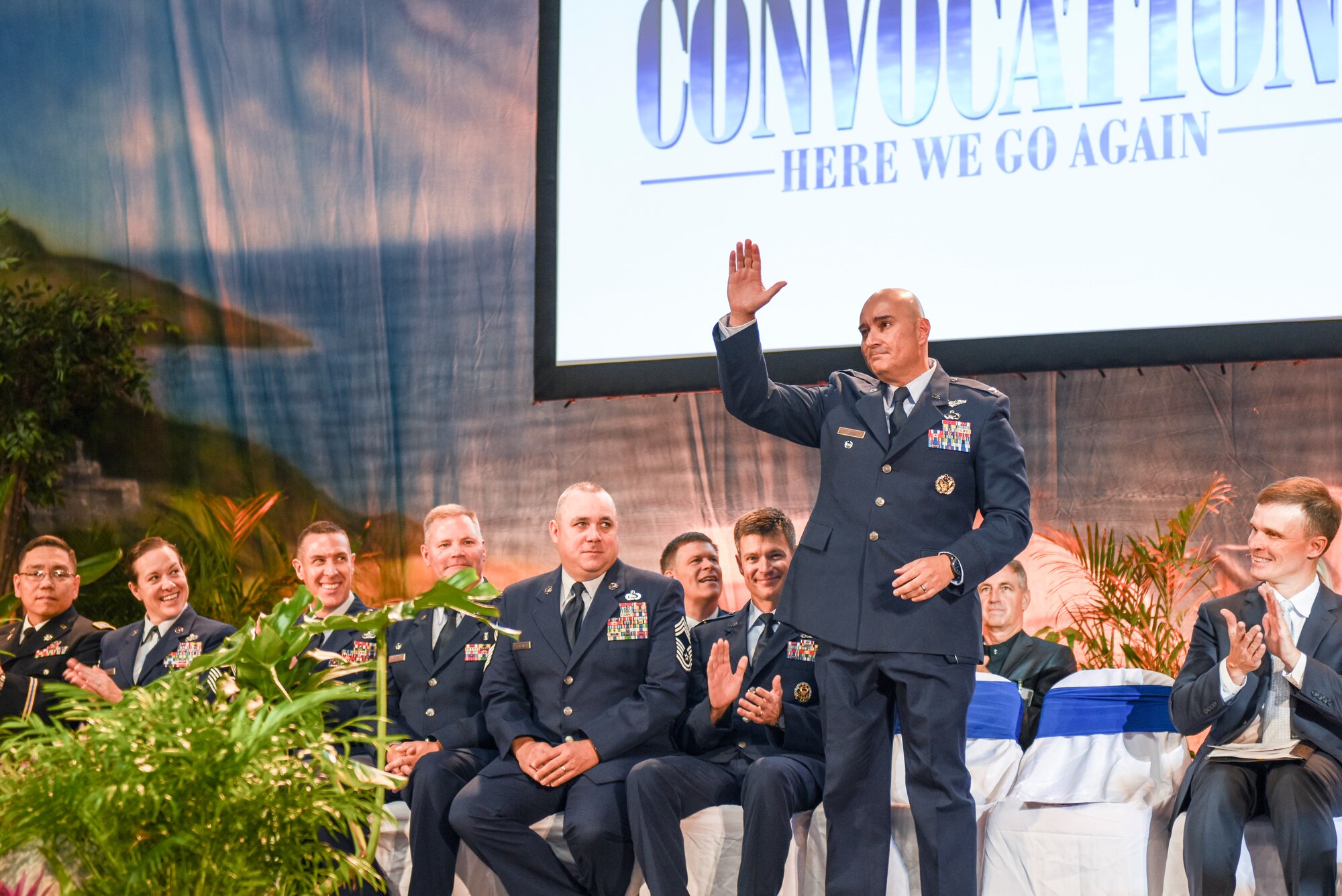 U.S. Air Force Col. Robert Ramirez, 17th Training Wing vice commander, greets the audience during the San Angelo Independent School District’s annual convocation at the Foster Communications Coliseum, San Angelo, Texas, Aug. 15, 2018.  Goodfellow leadership was honored for their continued support to the San Angelo community. (U.S. Air Force photo by Aryn Lockhart/Released)