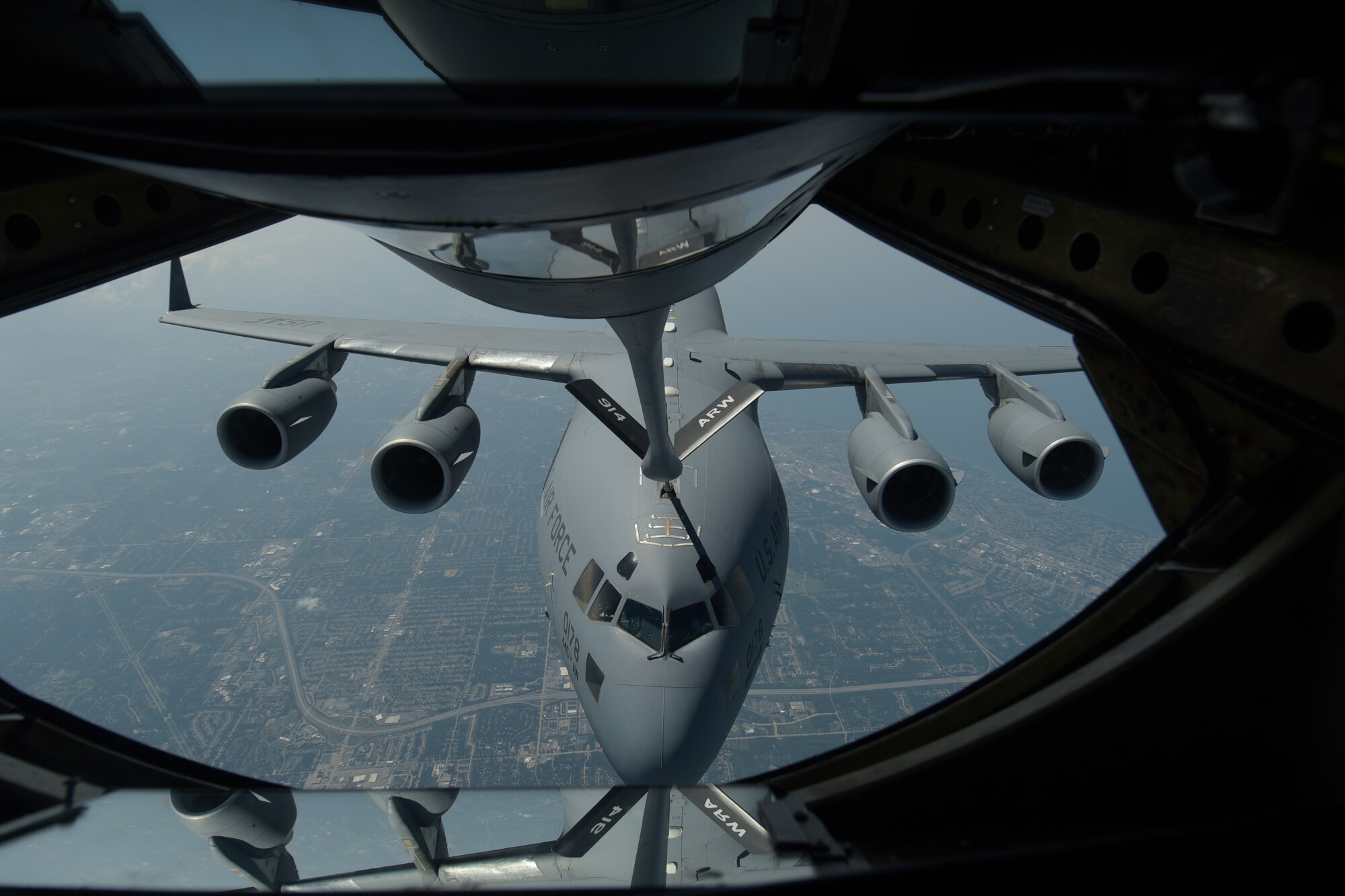 The 914th Air Refueling Wing's 328th Air Refueling Squadron continues to advance with their new mission with their KC-135 Stratotanker as they refuel a C-17 Globemaster III from the 445th Airlift Wing stationed at Wright Patterson Air Force Base.