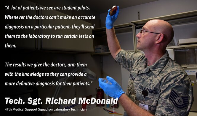 Tech. Sgt. Richard McDonald inspects an E. coli sample at Laughlin Air Force Base, Texas, Aug. 15, 2018. With one of Laughlin’s missions being to graduate the world’s best military pilots, McDonald notes that doctors need accurate data to be able to treat the base populous accurately and timely. (U.S. Air Force graphic by Airman 1st Class Marco A. Gomez)