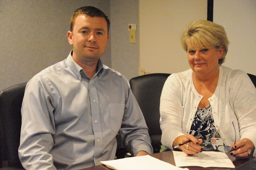 Jason Walsh, Huntsville Center safety specialist, and Brenda Miller, U.S. Army Combat Readiness Center senior safety adviser and Career Program-12 functional chief representative, take a moment to pose for a photo during Miller’s visit to the Center Aug. 14. Walsh was one of 25 safety careerists to receive the Army Emerging Safety Leader Award.