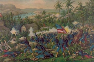 A drawing of U.S. soldiers fighting during the Spanish-American War.