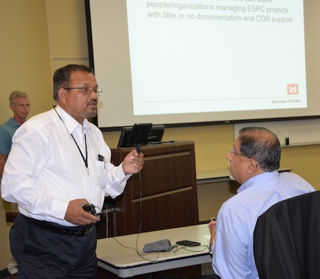 Shah Alam, Huntsville Center ESPC post-award team lead, addresses attendees at the second annual Energy Savings Performance Contracting Measurement and Verification Workshop Aug.1 at the Bevill Center on the University of Alabama Huntsville campus. More than 70 government and industry representatives shared information, experiences, and lessons learned during the event.