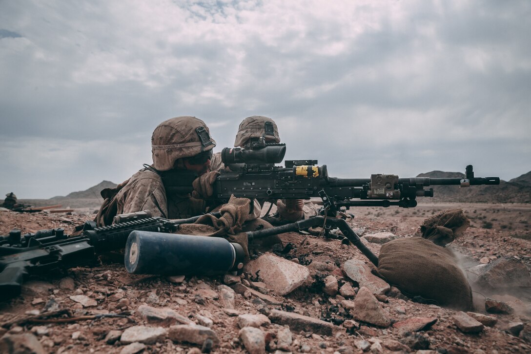 Marines with 2nd Battalion, 23rd Marine Regiment suppress enemy target during the Mobile Assault Course at Training Area Prospect as a part of Unit Deployment Program 19.1 aboard the Marine Corps Air Ground Combat Center, Twentynine Palms, Calif., Aug 9, 2018. The purpose of UDP 19.1 is to sharpen technical and tactical skills and enhance unit cohesion to ensure mission success. (U.S. Marine Corps photo by Lance Cpl. William Chockey)